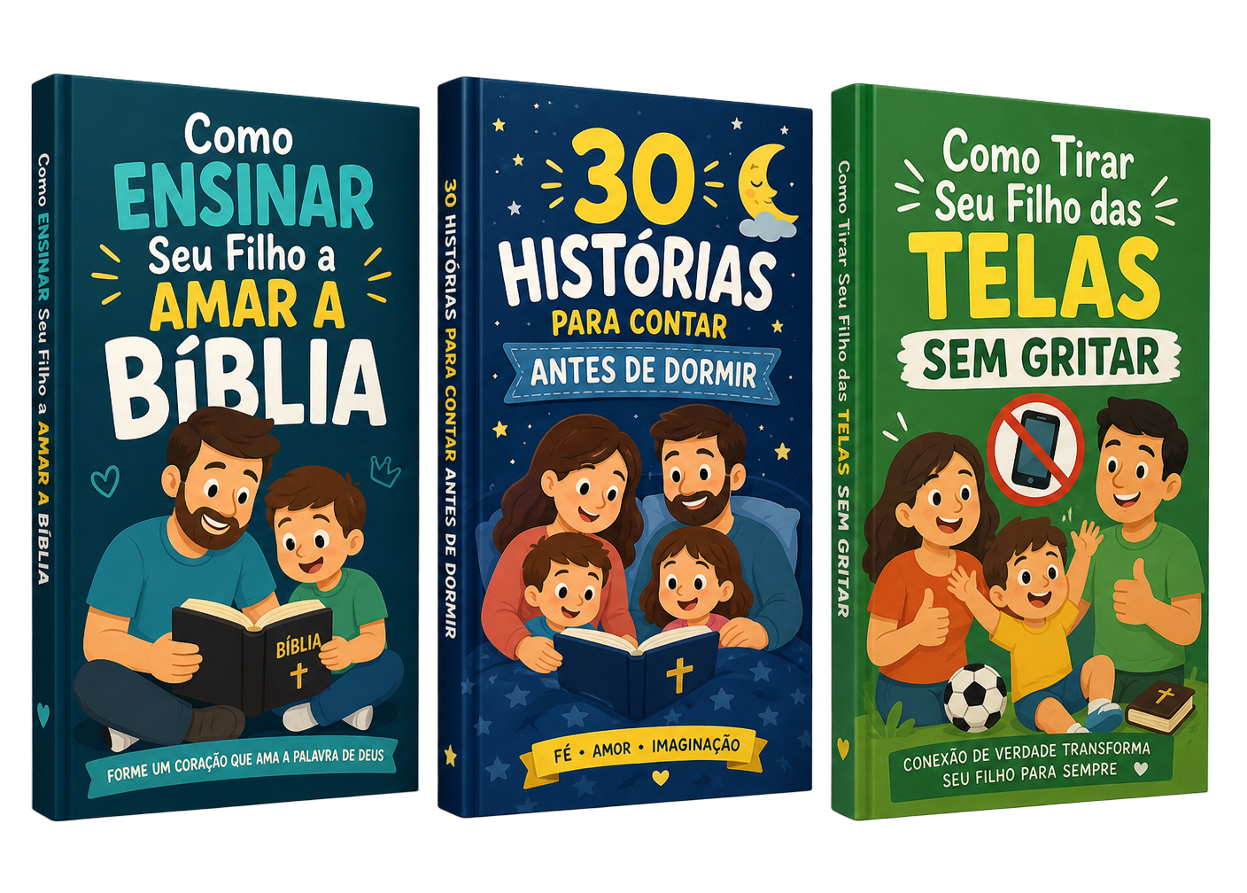 Mockup 3D dos três eBooks do Kit Fé em Família